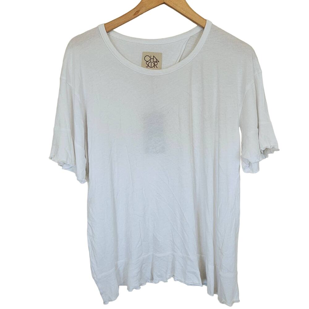 Chaser White Ruffle Lettuce Hem Open Wrap Back Short Sleeve T Shirt Women Medium